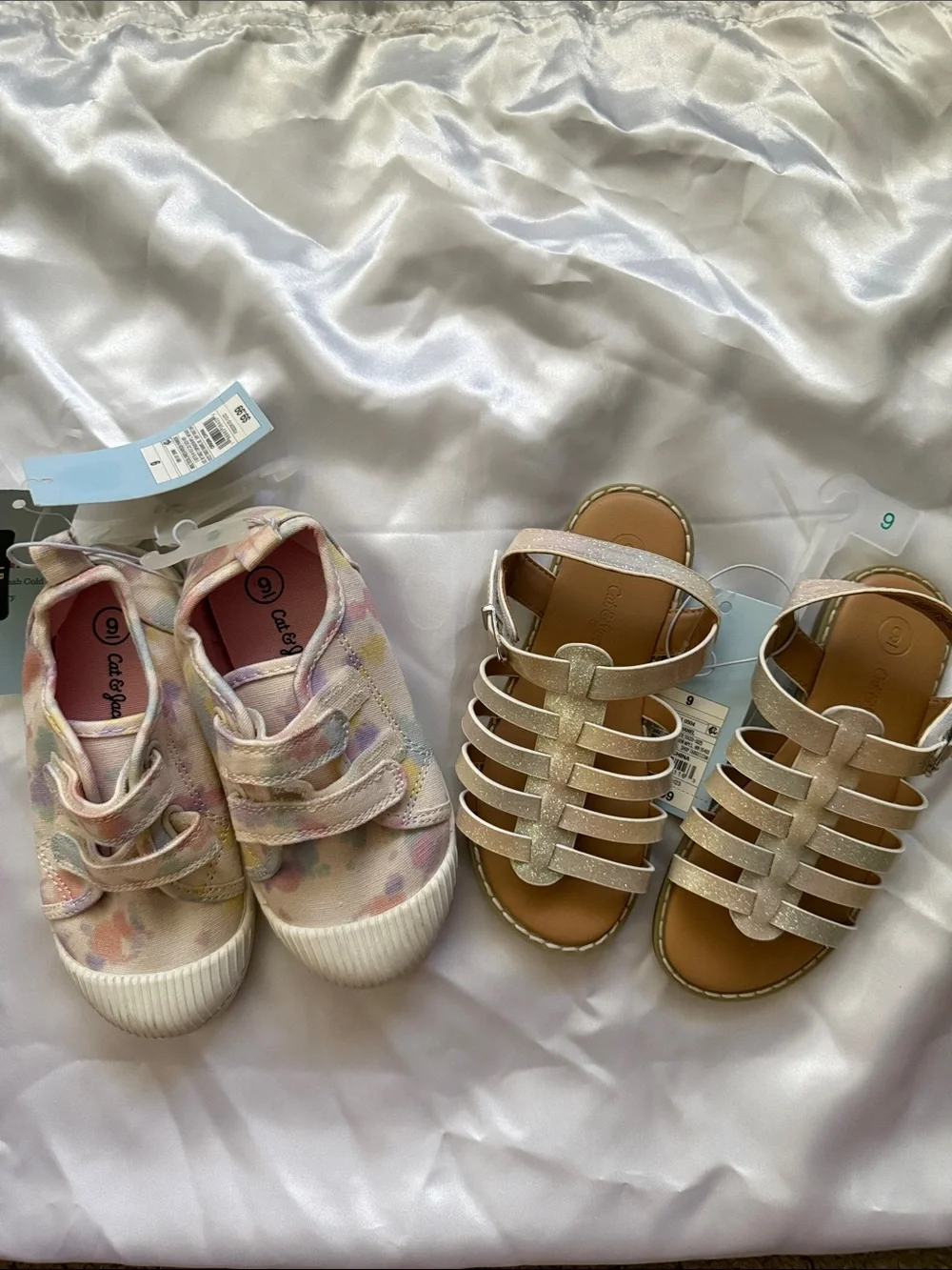Cat & Jack Bundle: Pink Multi Color Sneakers and Glitter Gold Strappy Sandals